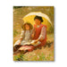 Painting of two women sitting under a yellow umbrella in a garden.