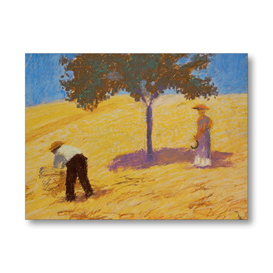 Painting of two people in a field with a tree, on a white background