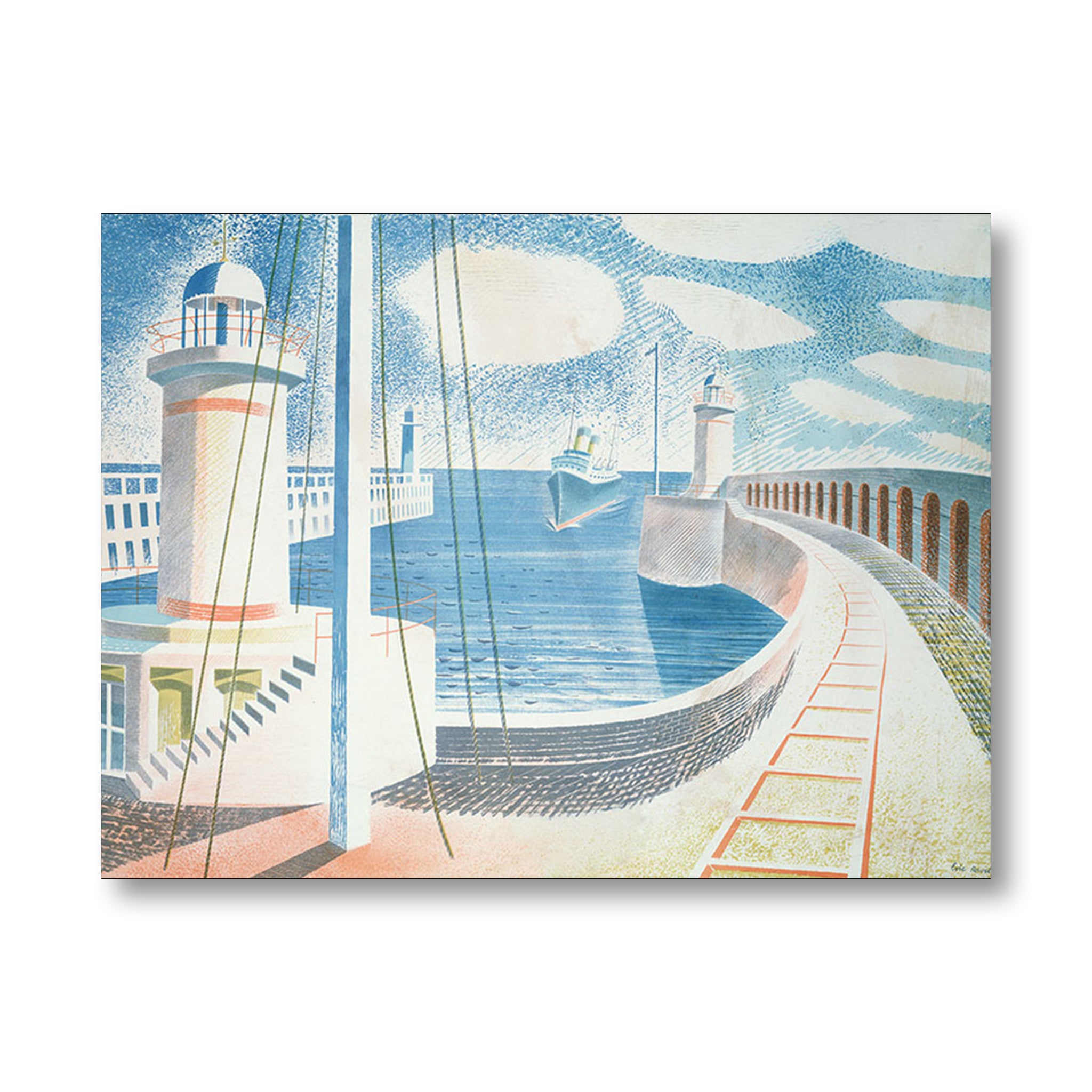 Artistic depiction of a lighthouse and dock with a boat, on a white background.