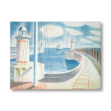Artistic depiction of a lighthouse and dock with a boat, on a white background.