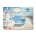 Artistic depiction of a lighthouse and dock with a boat, on a white background.