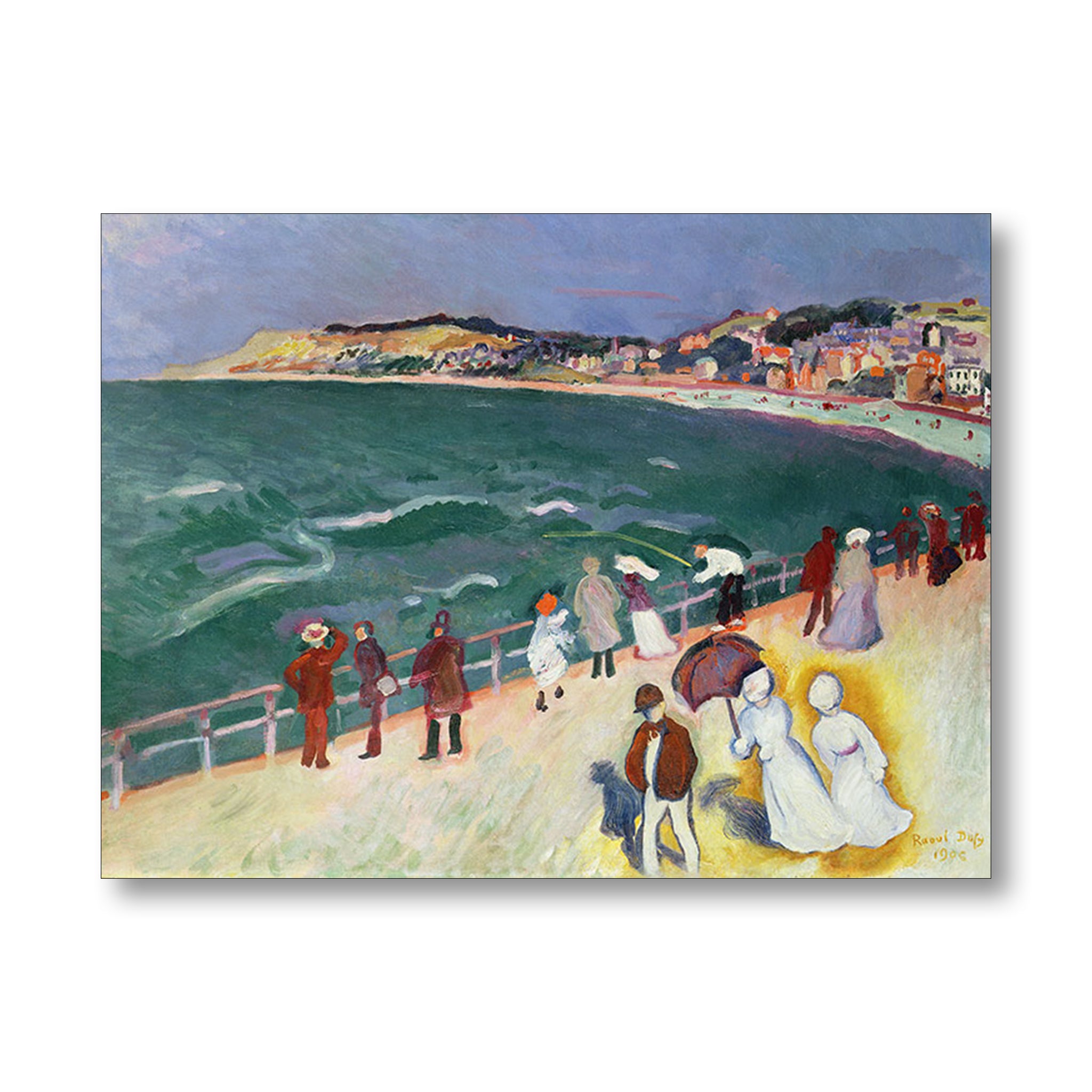 Painting of a coastal scene with people on a promenade by a body of water.