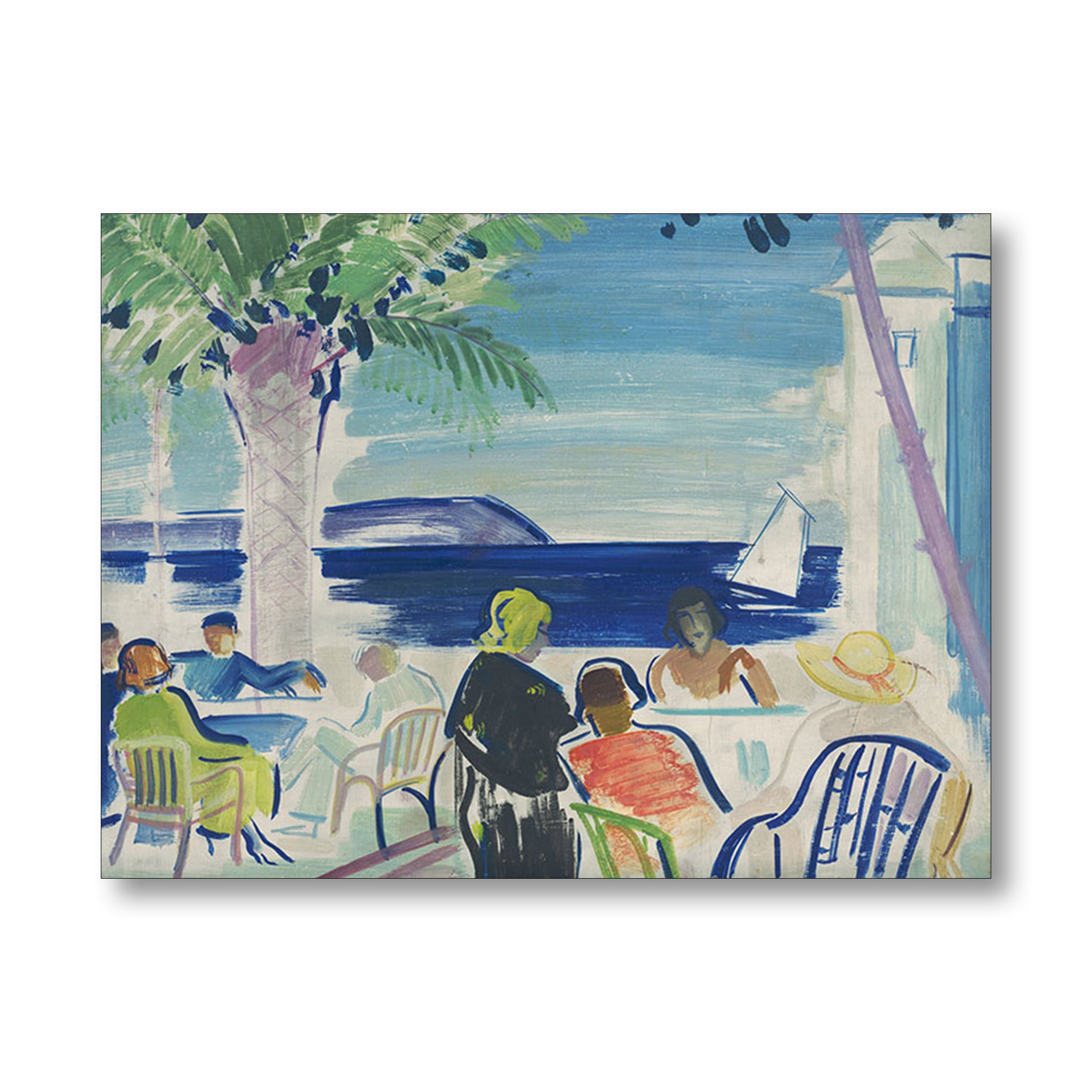 Painting of a beachside cafe with people and a sailboat.