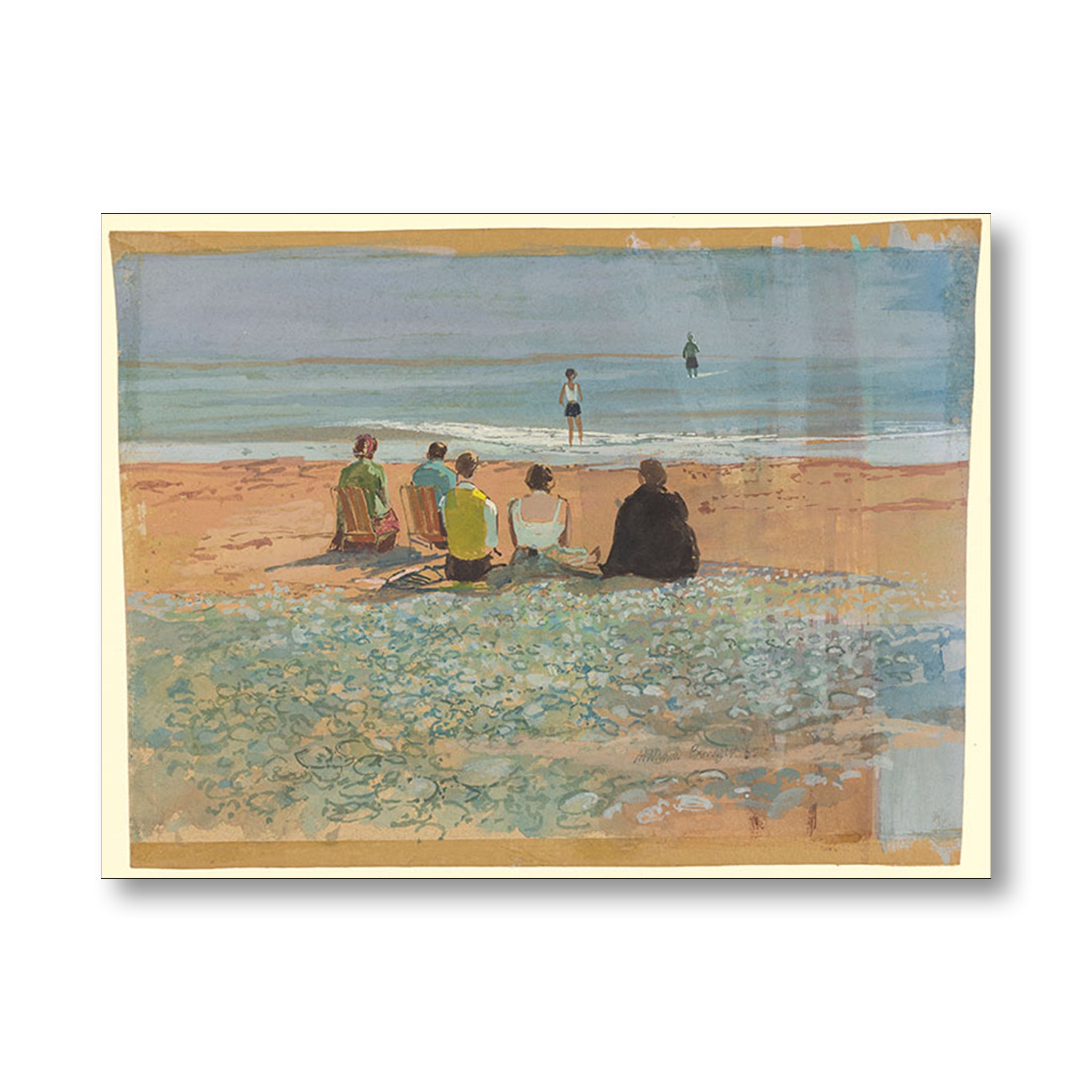 Framed artwork of a beach scene with people sitting and standing.