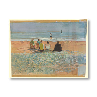 Framed artwork of a beach scene with people sitting and standing.
