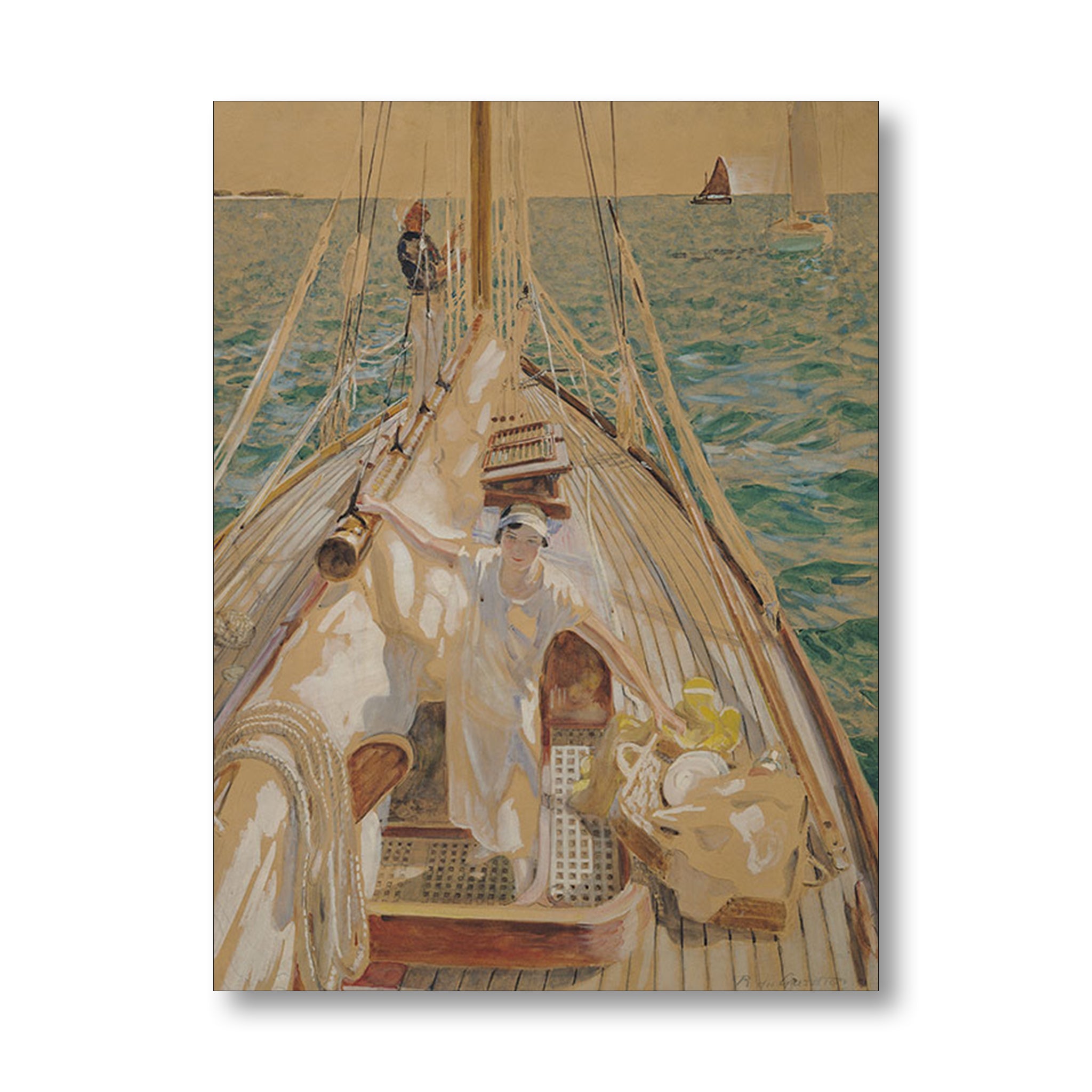 Painting of a sailboat with people on a body of water