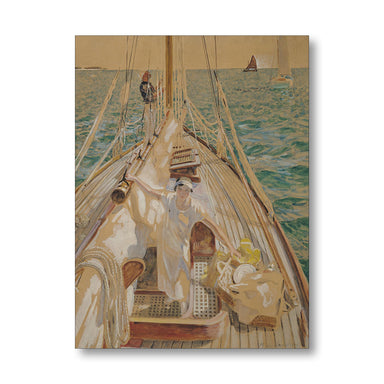 Painting of a sailboat with people on a body of water
