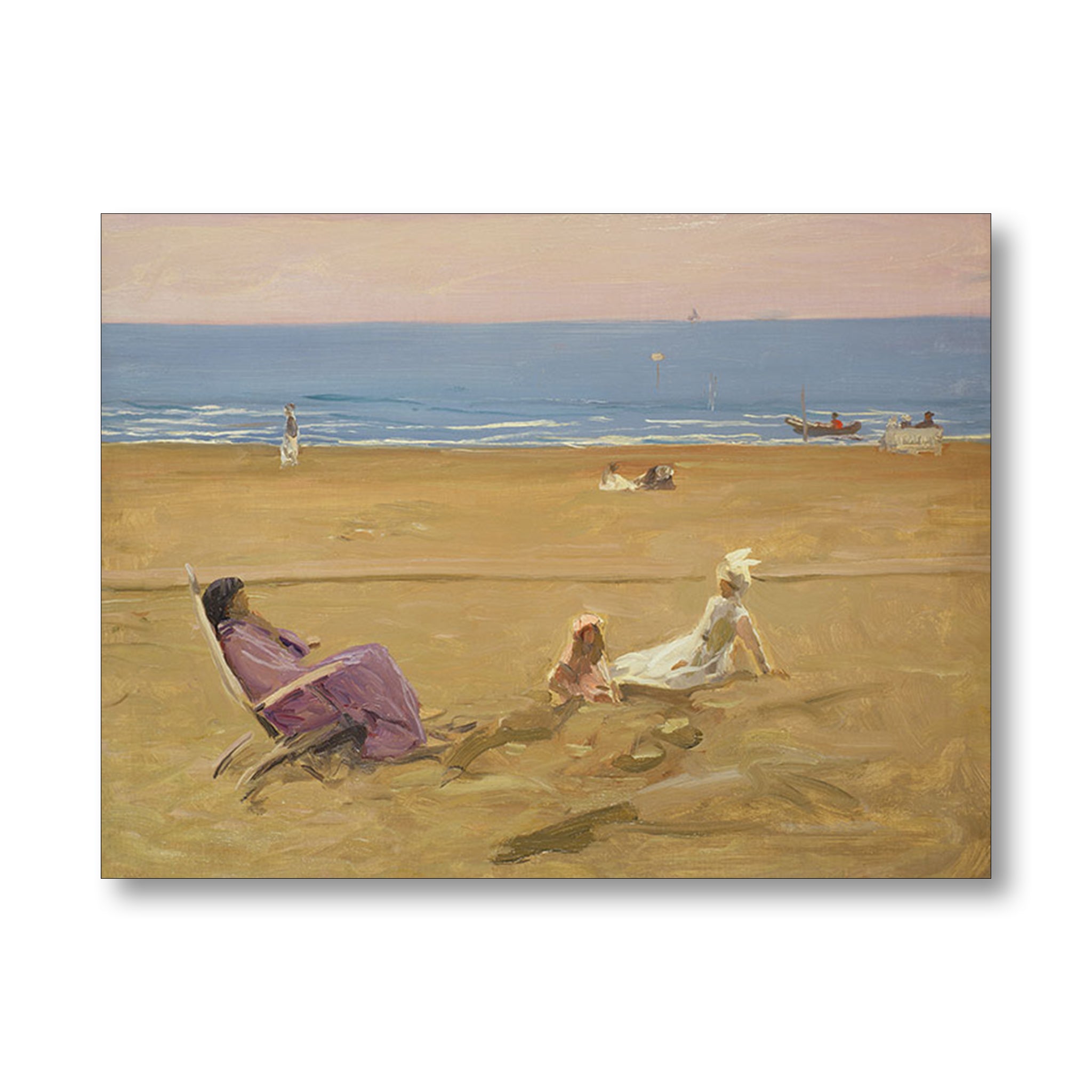 Painting of people on a beach with a calm ocean and sky.