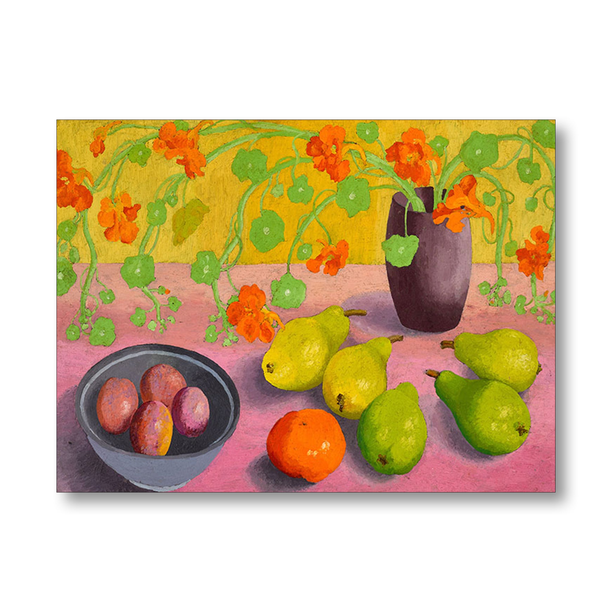 Still life painting with pears, oranges, and flowers on a pink surface