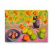 Still life painting with pears, oranges, and flowers on a pink surface