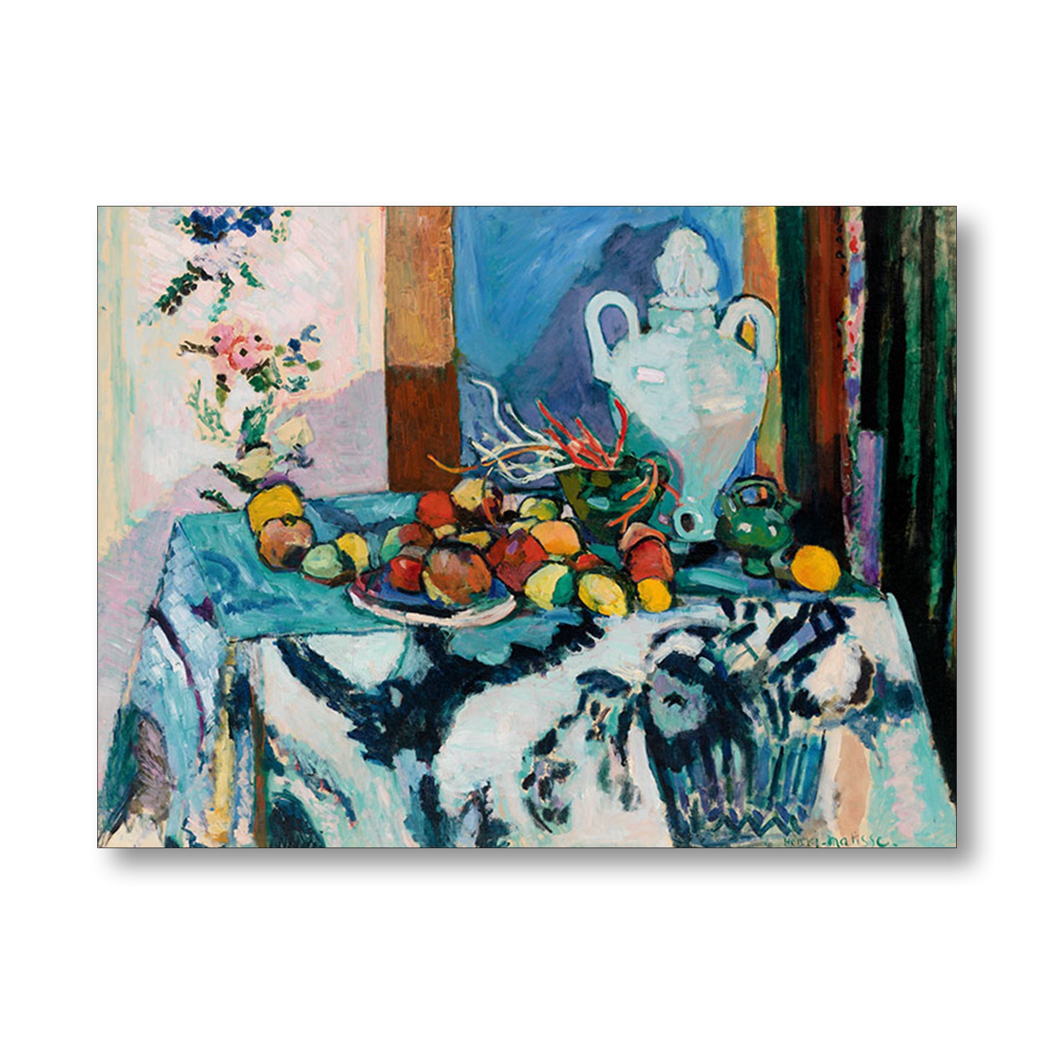 Still life painting with fruits, flowers, and a vase on a tablecloth.