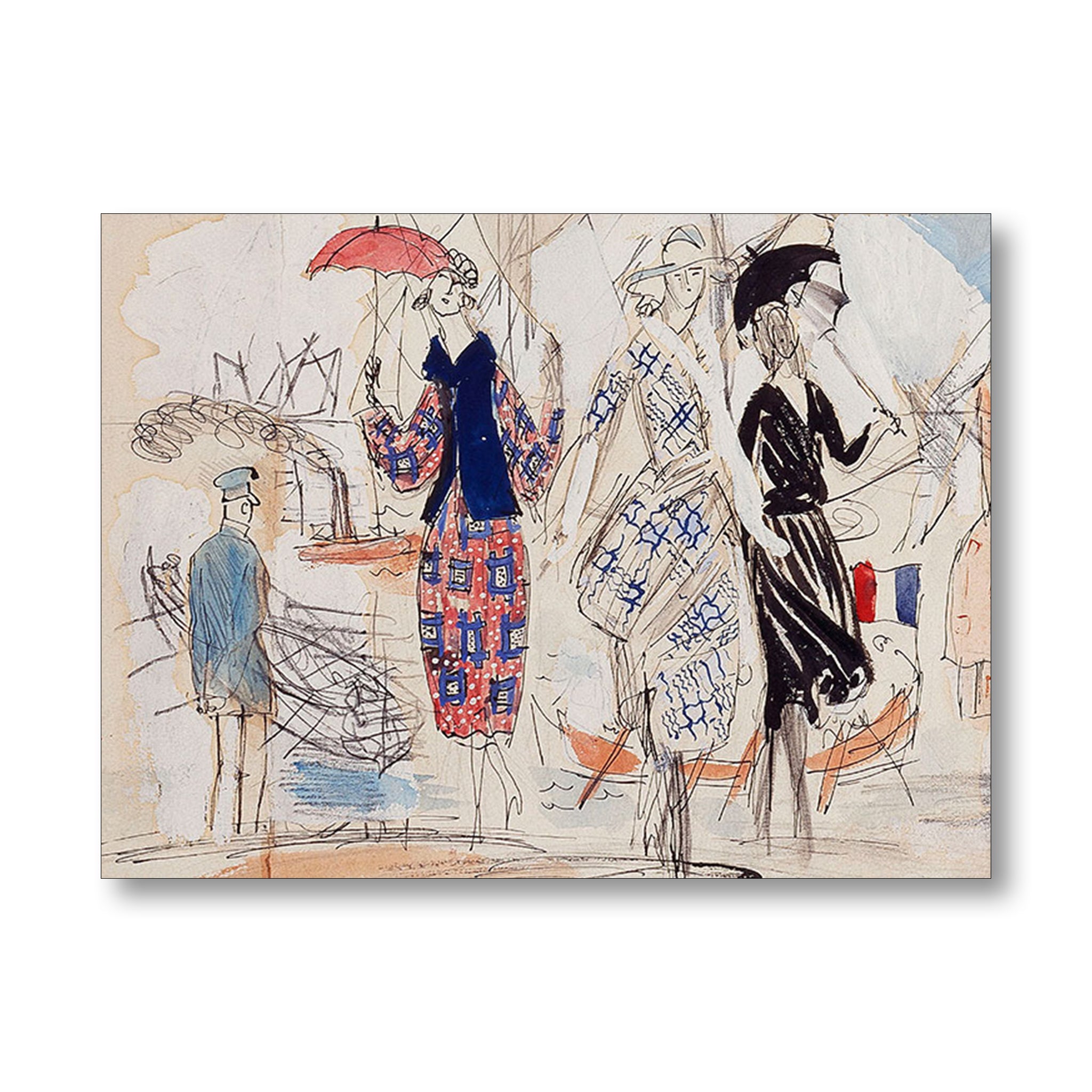 Artistic depiction of people with umbrellas on a textured background