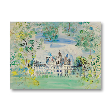 Painting of a castle with greenery on a white background
