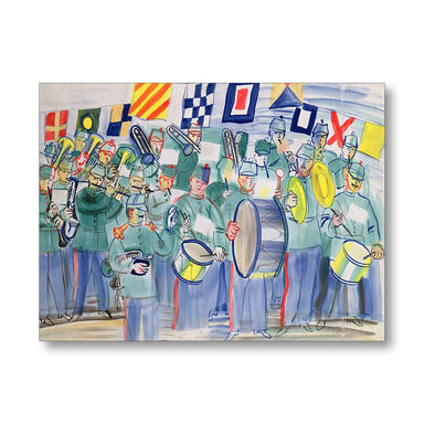 Illustration of a marching band with flags in the background