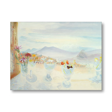Painting of a desert landscape with flowers and mountains