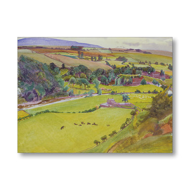 Landscape painting of a rural scene with green fields, trees, and hills.