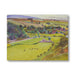 Landscape painting of a rural scene with green fields, trees, and hills.