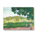 Impressionist landscape painting print depicting a rural green field with people playing cricket and gardening under a large leafy tree, shown as a square canvas against a white background.