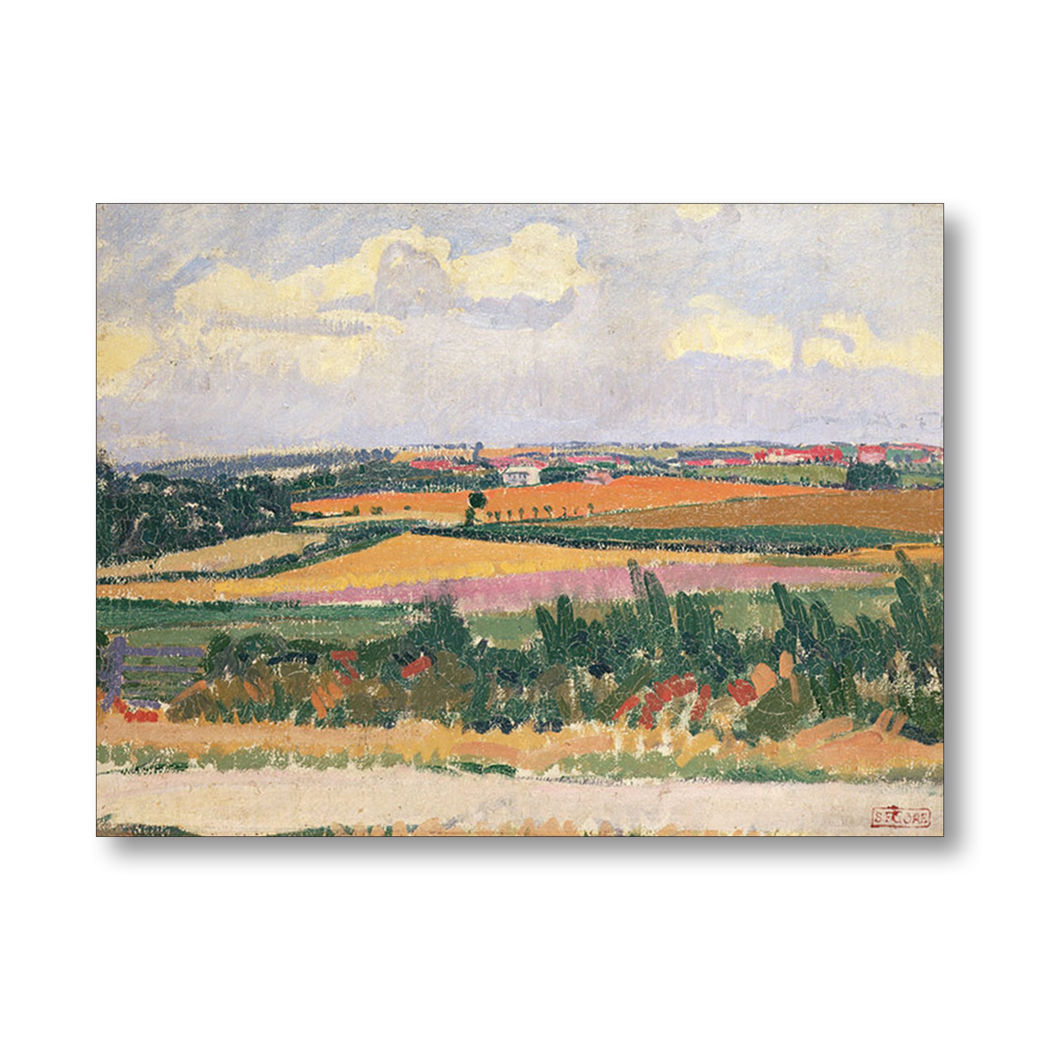 A landscape painting print showing a rural field scene with yellow and orange crops, green trees, distant houses, and a cloudy sky, presented against a plain white background.