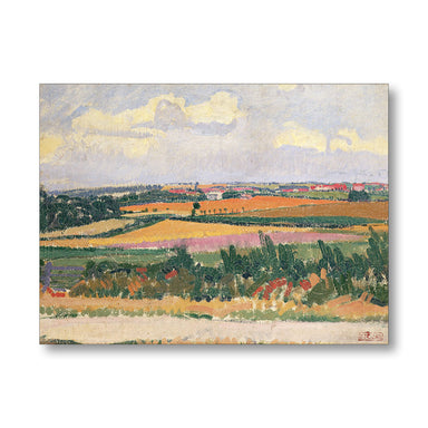 A landscape painting print showing a rural field scene with yellow and orange crops, green trees, distant houses, and a cloudy sky, presented against a plain white background.