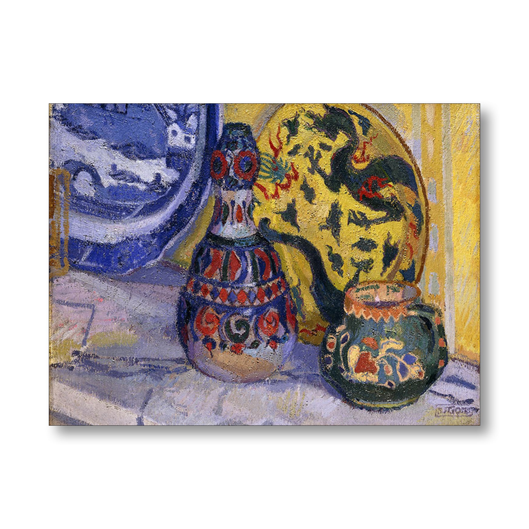 An oil painting print depicting a still life arrangement of colorful ceramic vessels, including a tall patterned vase, a yellow patterned plate, and a small green pot, shown against a clean white background.
