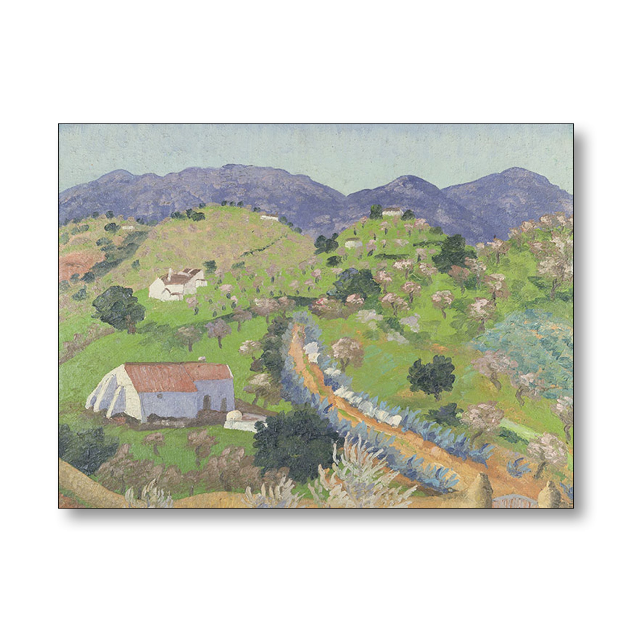 A landscape art print depicting a green hillside farm with a white house, a red-tiled roof, a winding dirt path, and purple mountains in the background, shown against a plain white backdrop.
