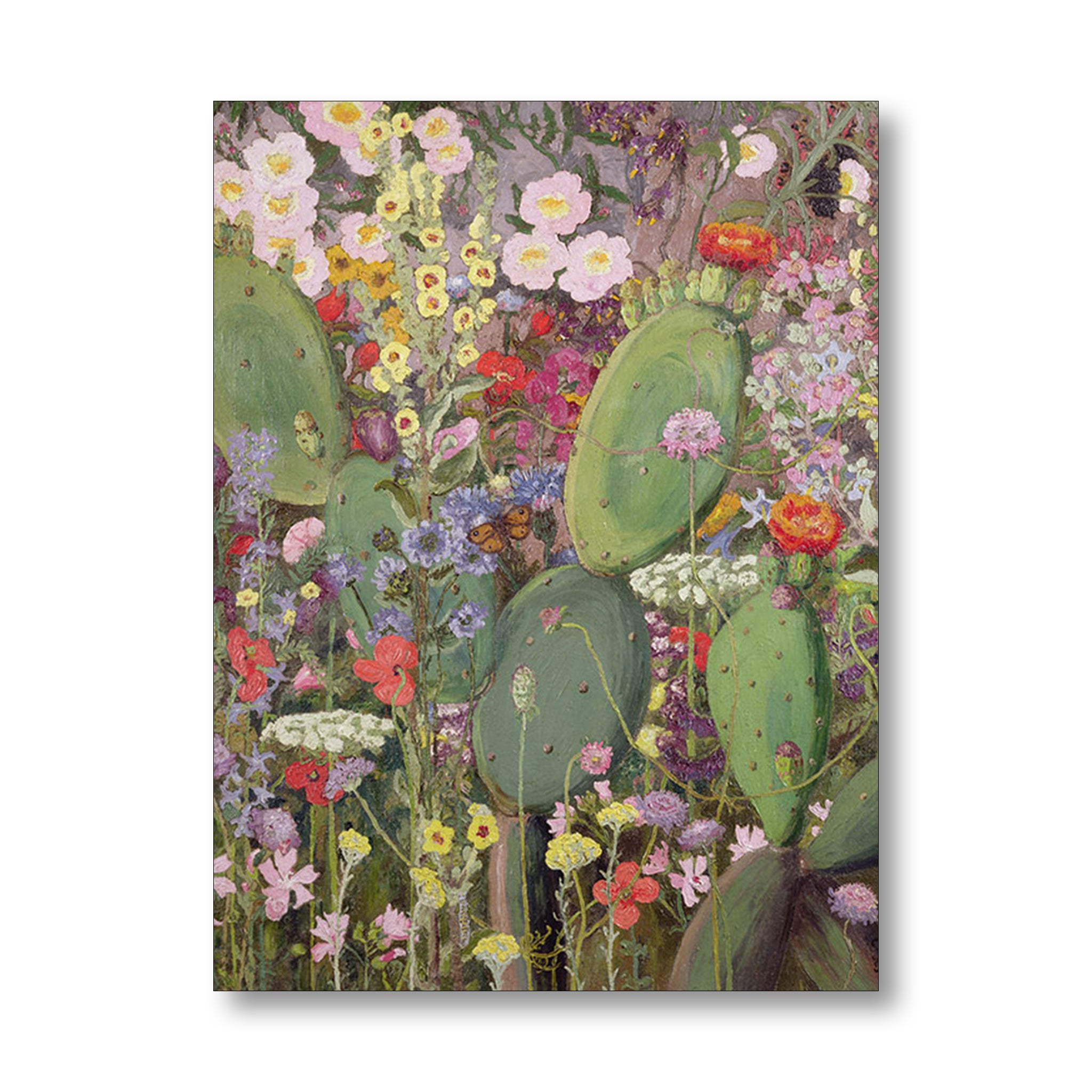 A greetings card print depicting a dense, colorful wildflower and cactus garden scene, shown against a plain white background with a subtle drop shadow.