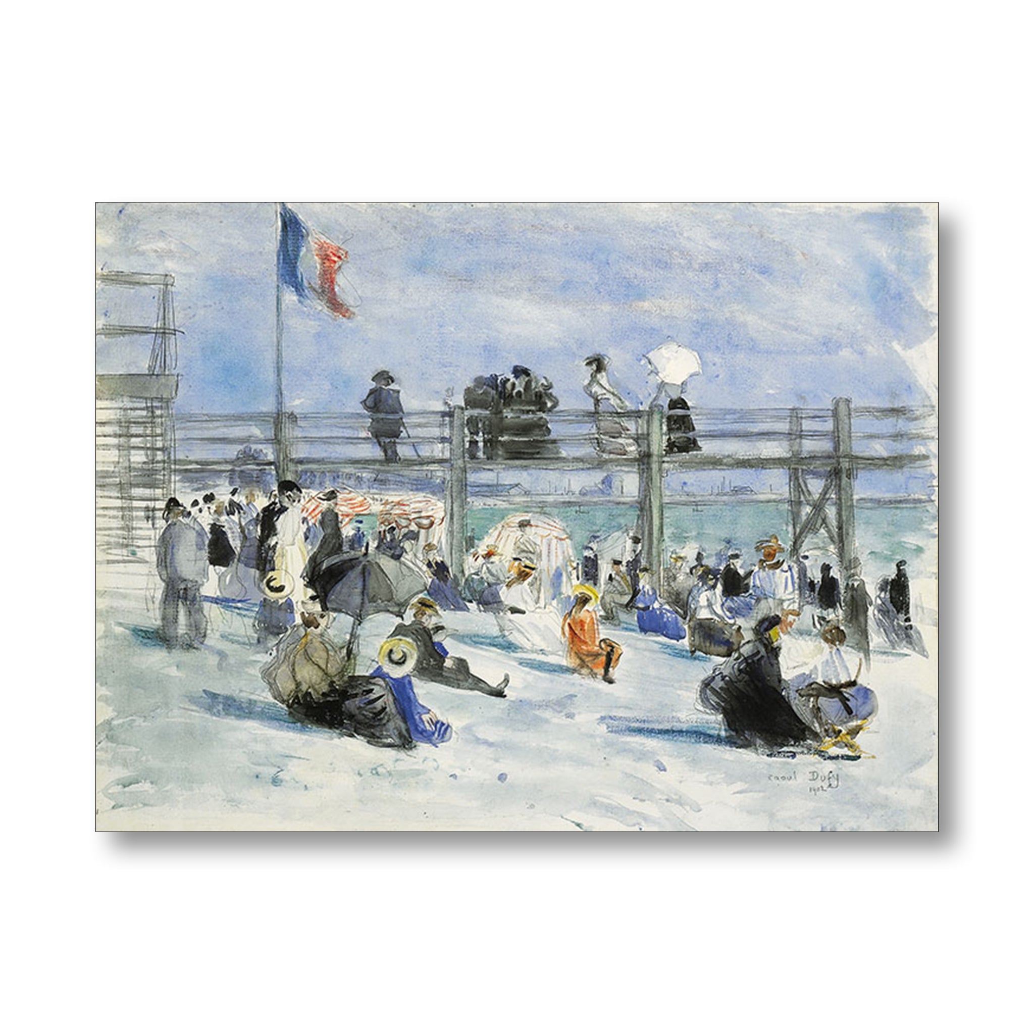 A watercolor-style beach scene print showing people on a pier and along the shore, with a French flag, blue sky, and snowy or washed beach tones. The artwork is presented as a rectangular print against a light gray background.
