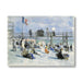 A watercolor-style beach scene print showing people on a pier and along the shore, with a French flag, blue sky, and snowy or washed beach tones. The artwork is presented as a rectangular print against a light gray background.