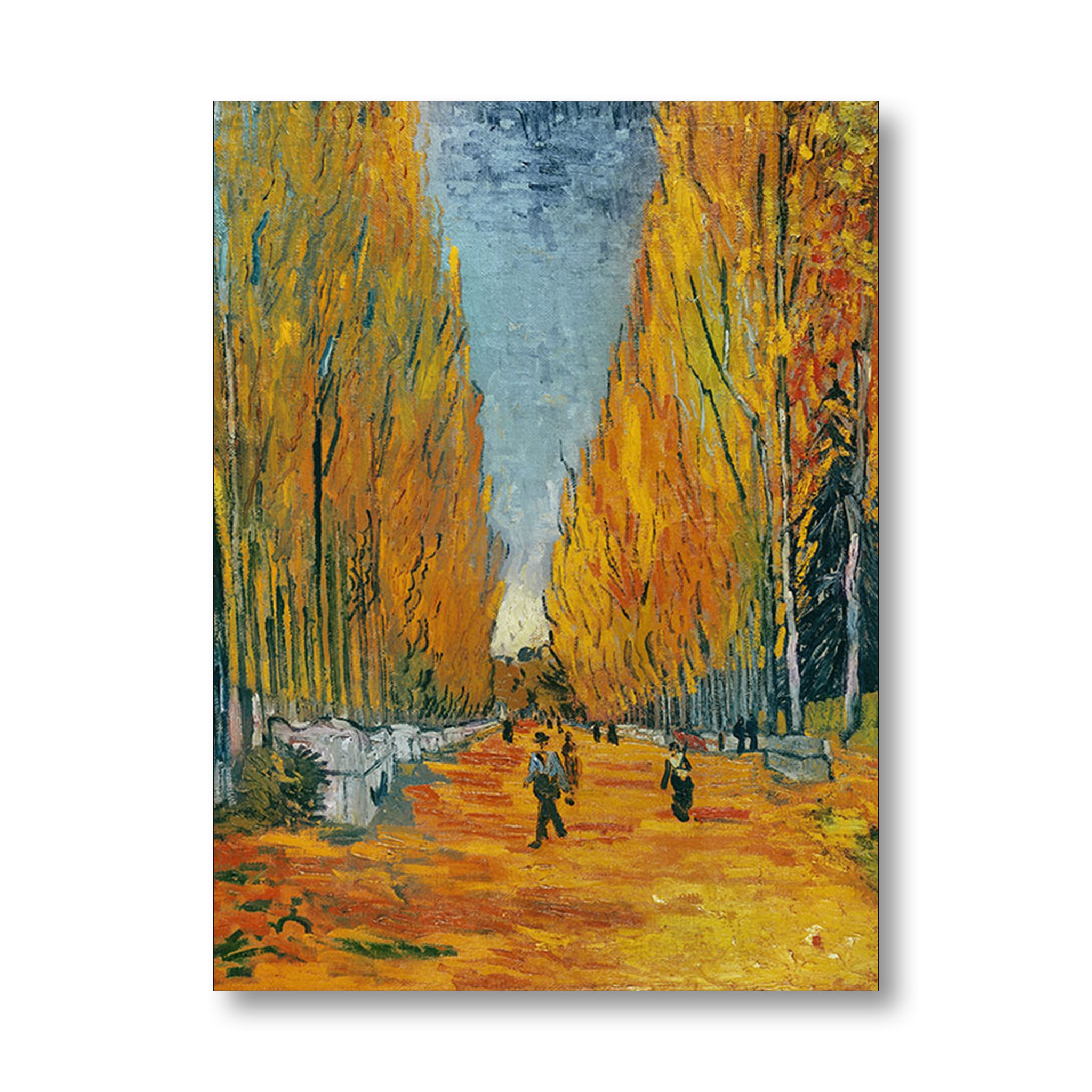 A vertical canvas print of an impressionist painting depicting a tree-lined path in autumn, with golden yellow and orange trees, a blue-gray sky, and small figures walking along the path. The canvas is shown against a plain white background with a subtle drop shadow.