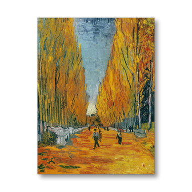 A vertical canvas print of an impressionist painting depicting a tree-lined path in autumn, with golden yellow and orange trees, a blue-gray sky, and small figures walking along the path. The canvas is shown against a plain white background with a subtle drop shadow.