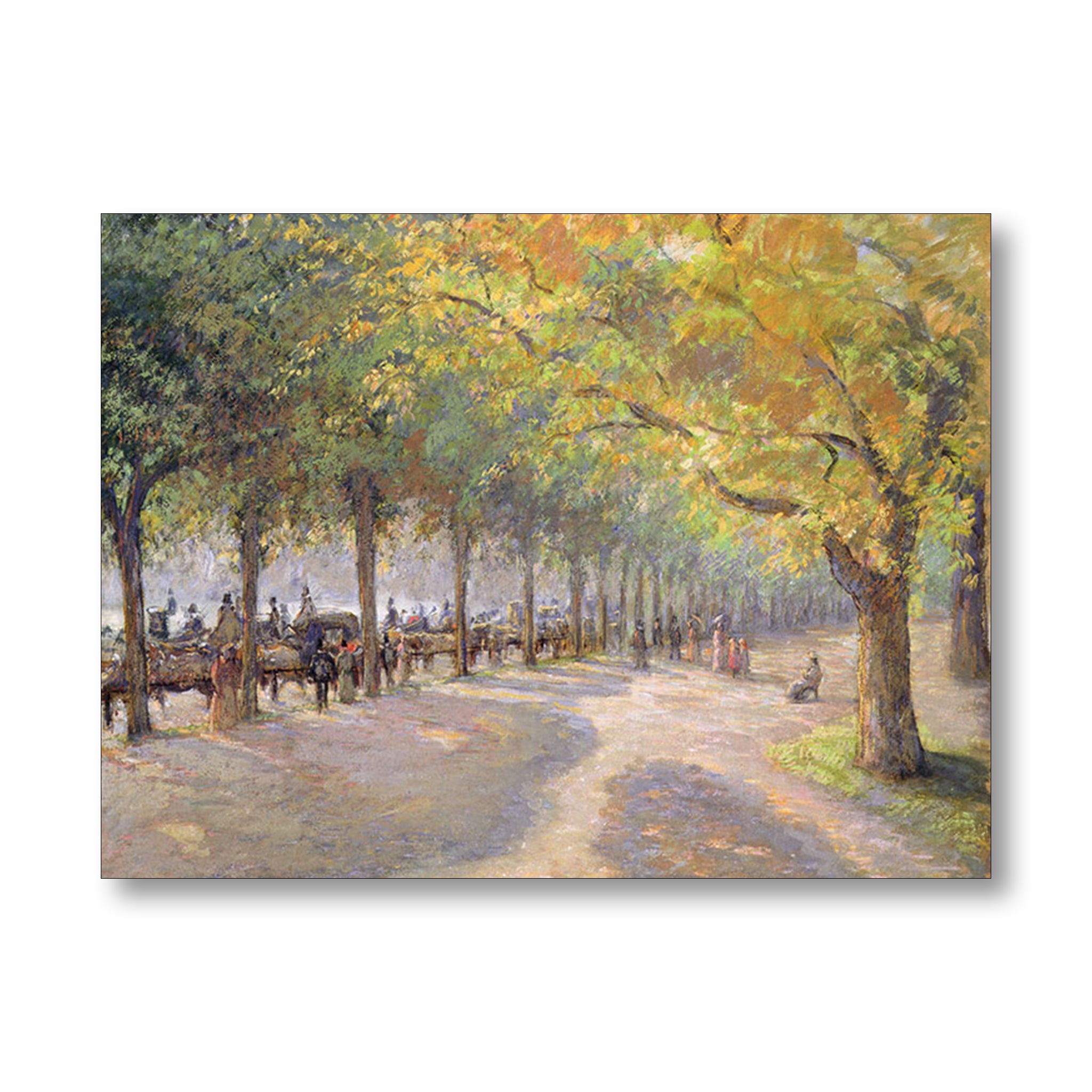 Impressionist-style painting of a tree-lined path with horse-drawn carriages and small figures, shown as a rectangular art print against a light gray background.