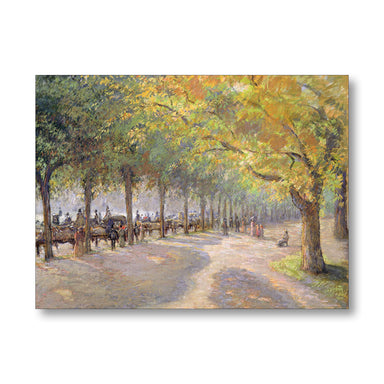 Impressionist-style painting of a tree-lined path with horse-drawn carriages and small figures, shown as a rectangular art print against a light gray background.