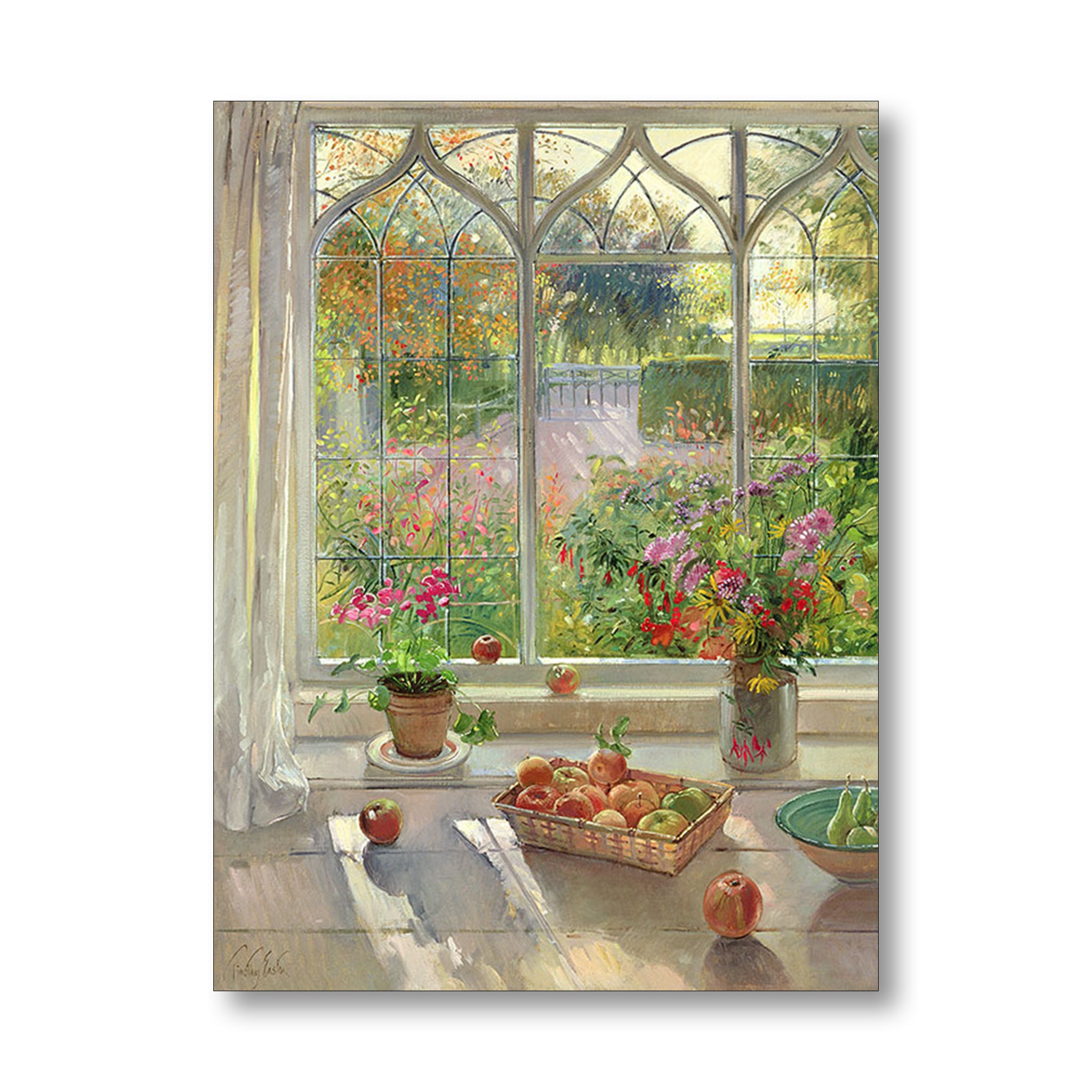 A greetings card print depicting a sunlit window scene with flowers, fruit, and a garden view outside, shown against a plain white background.