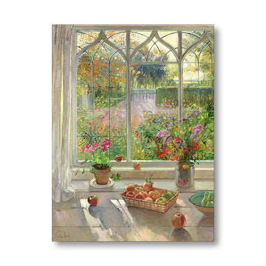 A greetings card print depicting a sunlit window scene with flowers, fruit, and a garden view outside, shown against a plain white background.