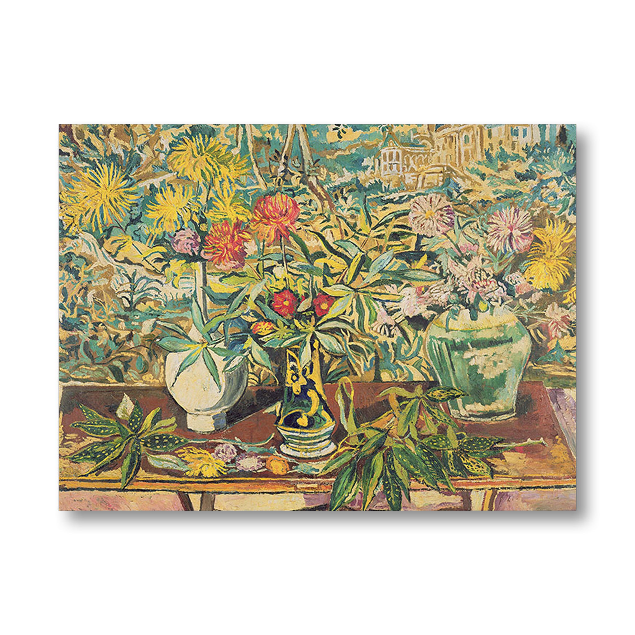 A square canvas print of a vibrant still life painting featuring flowers in vases on a table, displayed against a clean white background with a subtle drop shadow.