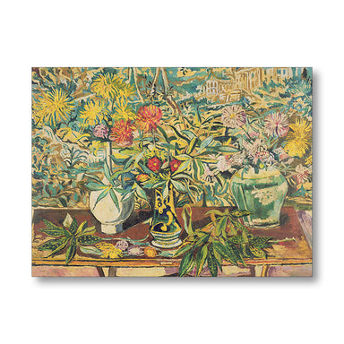 A square canvas print of a vibrant still life painting featuring flowers in vases on a table, displayed against a clean white background with a subtle drop shadow.