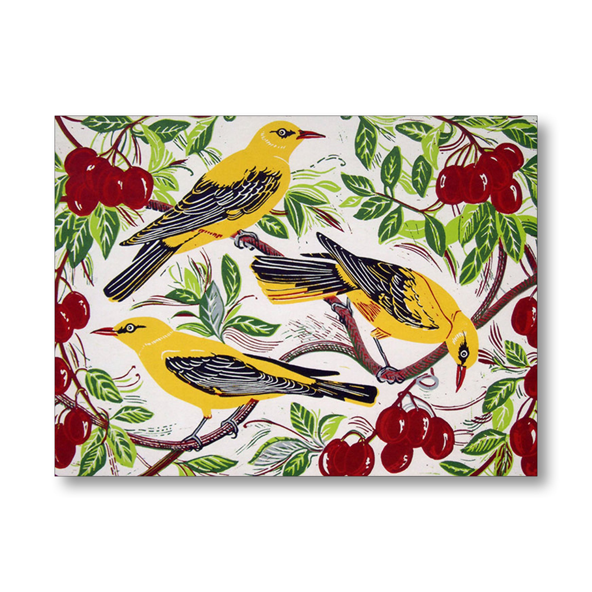 A square art print or canvas featuring three yellow birds with black wings perched among red cherries on branches with green leaves, shown against a plain white background.