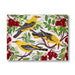 A square art print or canvas featuring three yellow birds with black wings perched among red cherries on branches with green leaves, shown against a plain white background.