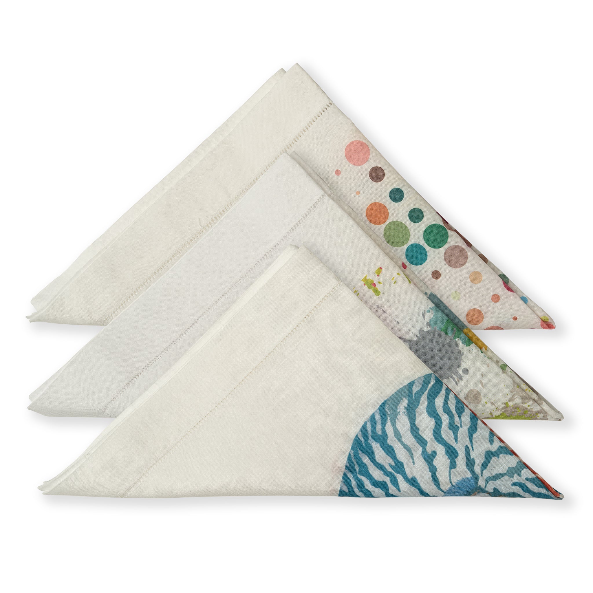 White Folded Linen Table Napkins With Printed Patterns - Set of 3 | Nicholas Engert Interiors