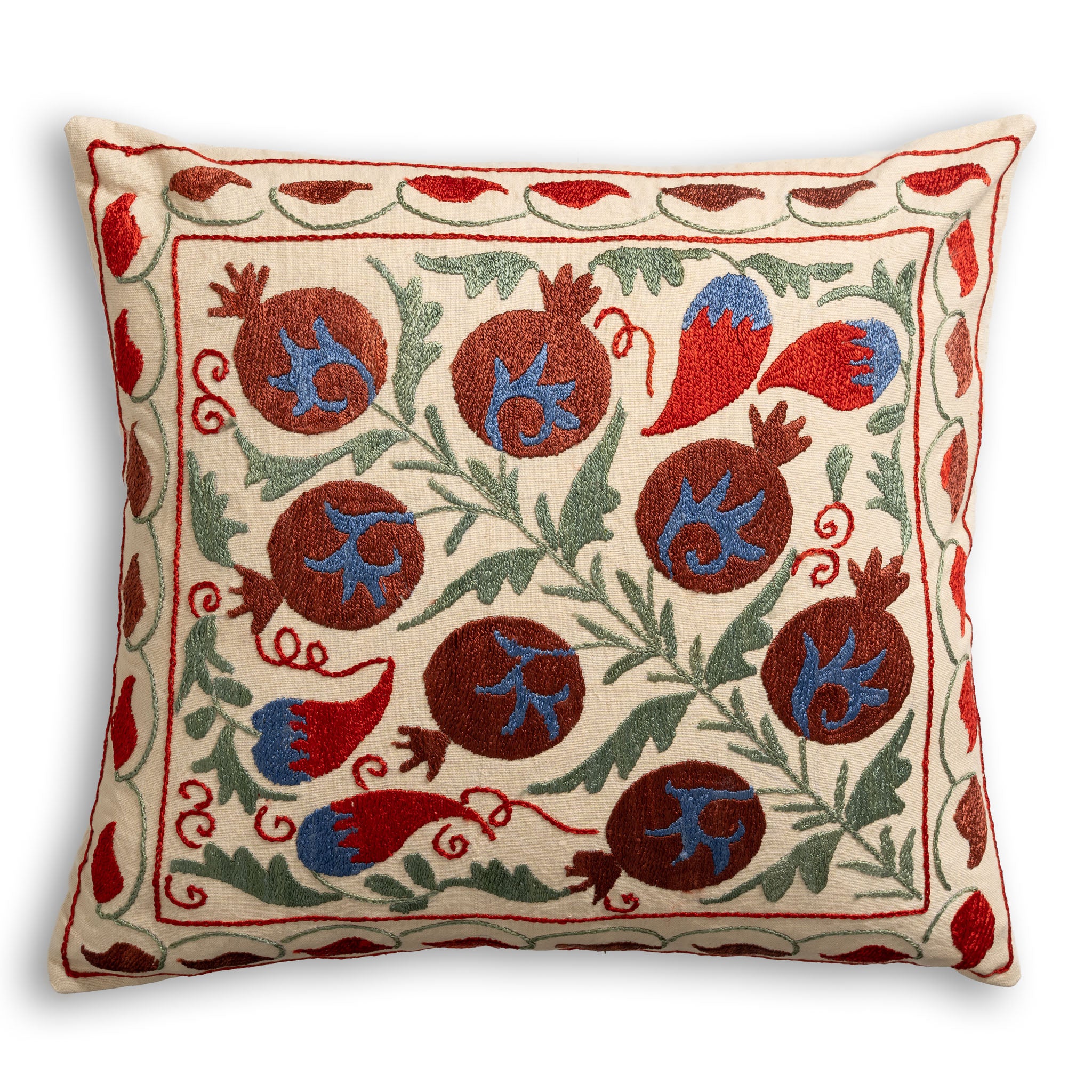 Suzani Silk Embroidered Stylised Floral Patterned Scatter Cushion on cream background with red, green and blue floral motifs