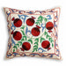 Suzani Silk Embroidered Stylised Floral Patterned Scatter Cushion on cream background with green, blue and burgundy motifs