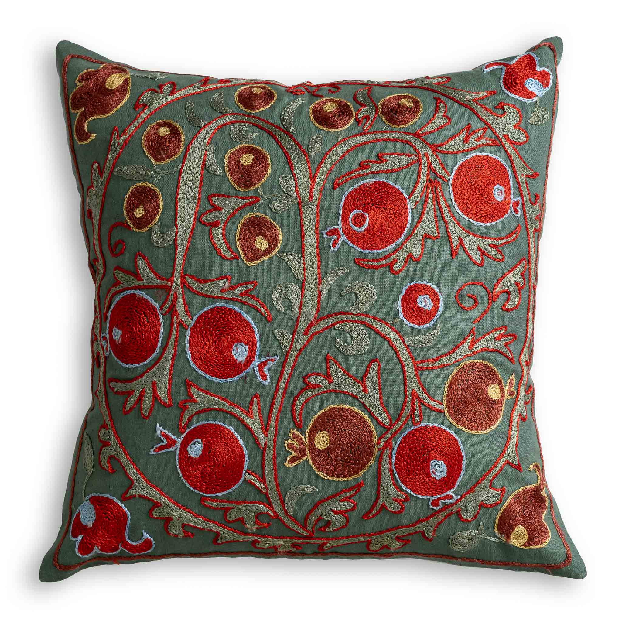 Suzani Silk Embroidered Stylised Floral Patterned Scatter Cushion on dark green background with light green leaves and red and burgundy coloured fruit