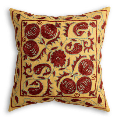 Suzani Silk Embroidered Stylised Floral Patterned Scatter Cushion on gold background with burgundy coloured leaves, fruit and flowers