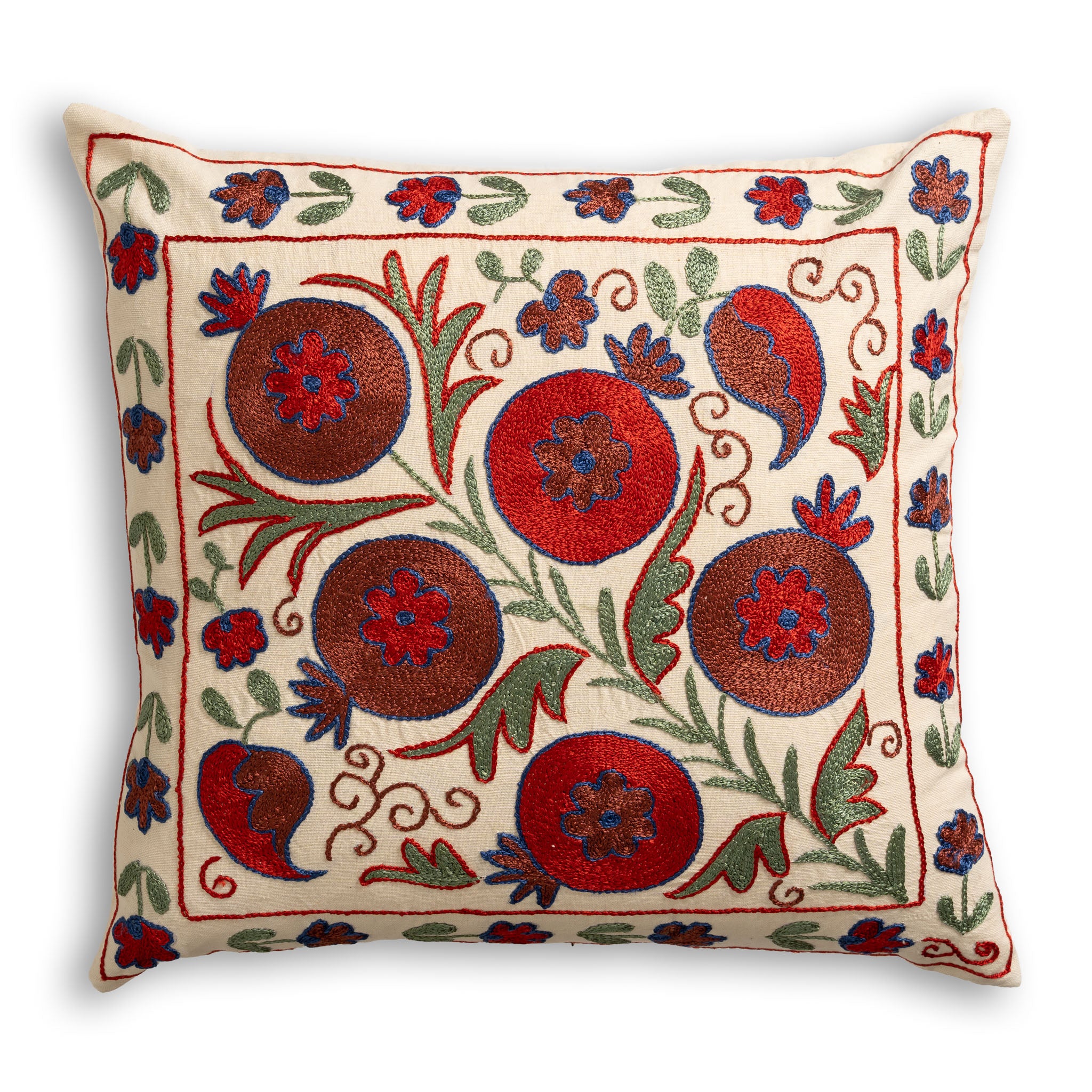 Suzani Silk Embroidered Stylised Floral Patterned Scatter Cushion on cream background with red and green floral design