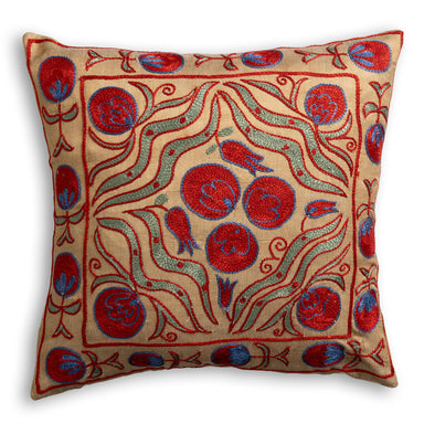 Suzani Silk Embroidered Stylised Floral Patterned Scatter Cushion on light brown background with red and green floral design