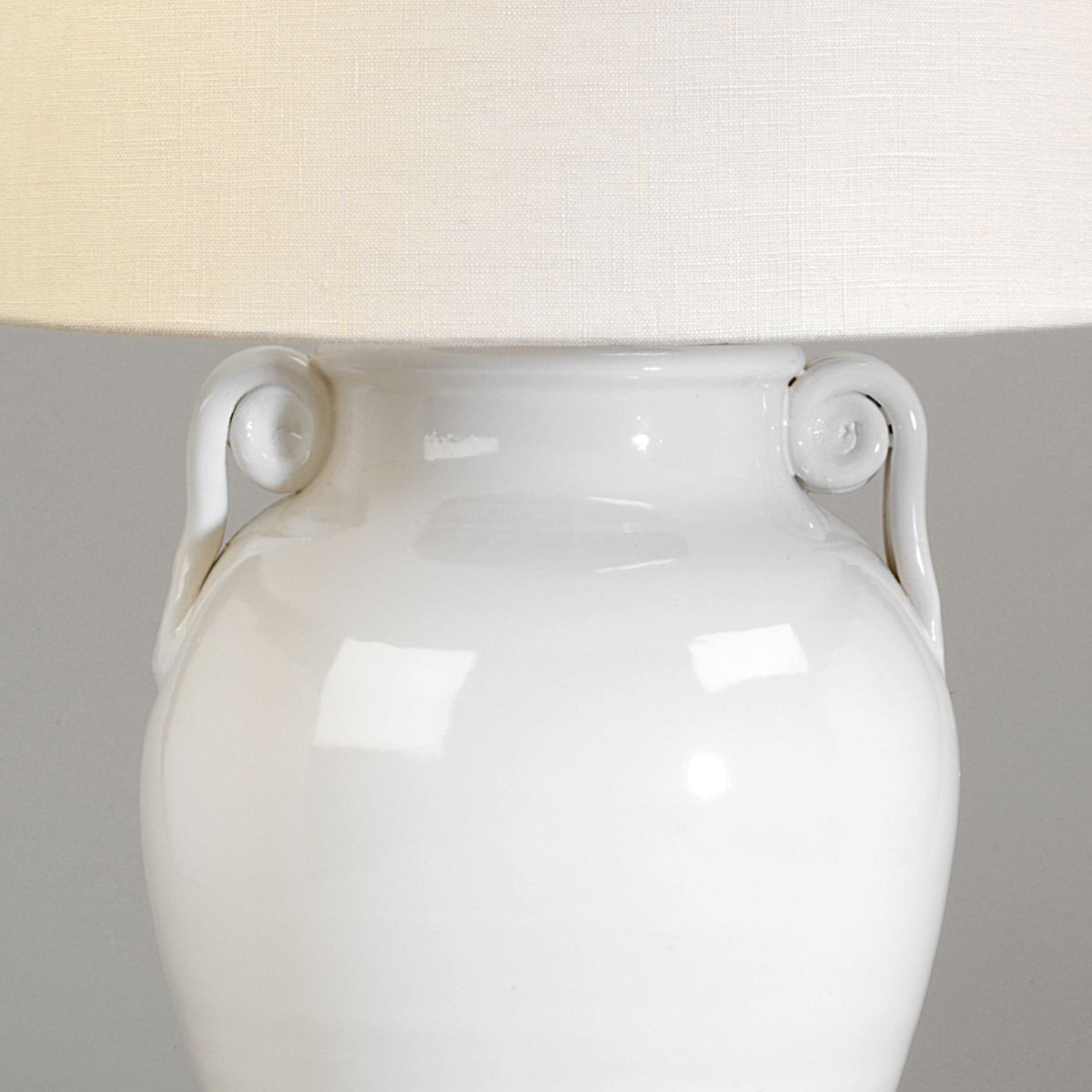 Detail of White Ceramic Vase Table Lamp with Laminated Linen Lampshade