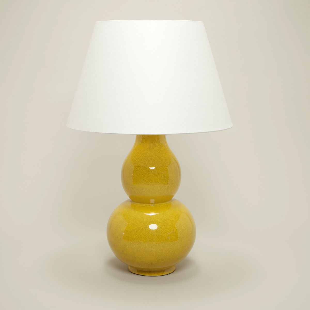 Gourd Shaped Vase Table Lamp in Crackled Mustard Yellow with Linen Laminated Lampshade