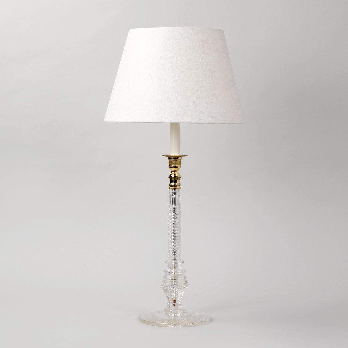 Brass and Glass Candlestick Table Lamp with Laminated Linen Lampshade
