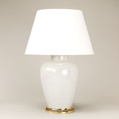 Melon Shaped Vase Table Lamp in Crackled White and Brass Base with Linen Laminated Lampshade